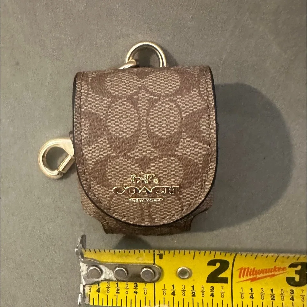 Coach Signature Canvas AirPods Case Charm Khaki Saddle Brown Gold Hardware
